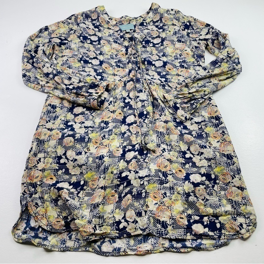 Skies Are Blue Floral Print Mini dress Women Medium Boho Lace Up V-neck Flowy